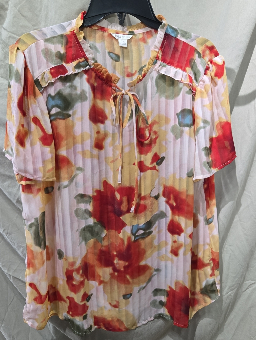 Cato Floral Tie-Neck Blouse in Red, Yellow & Green